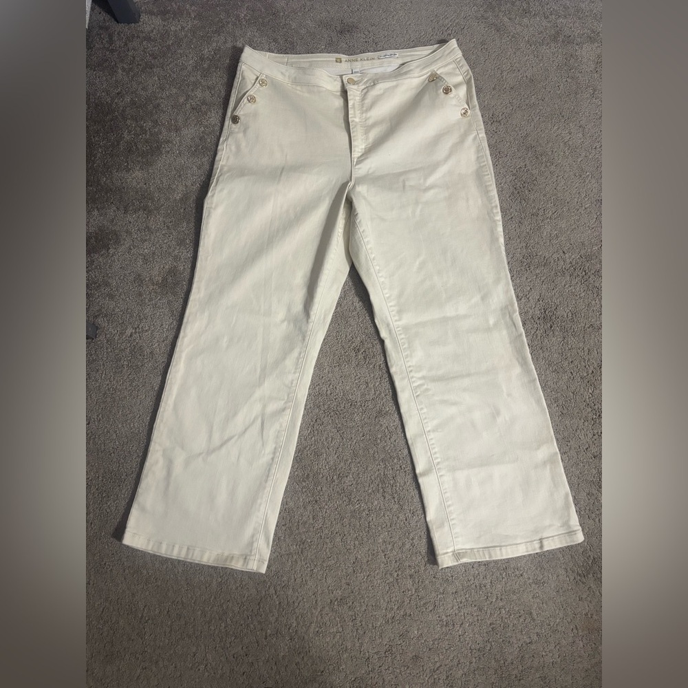 Anne Klein Pants Women White Cream Gold Button AK High Rise Trouser Size 16